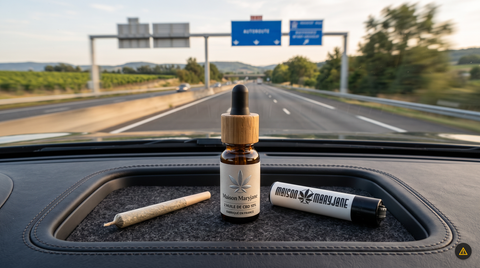 Huile de CBD Maison Maryjane posée sur le tableau de bord d'une voiture sur autoroute