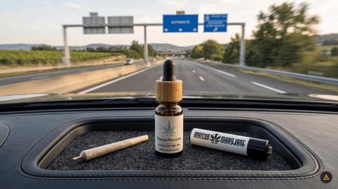 Huile de CBD Maison Maryjane posée sur le tableau de bord d'une voiture sur autoroute