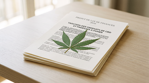 Document représentant le projet de loi de finances 2026 posé sur une table avec une feuille de CBD