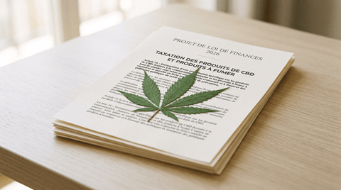 Document représentant le projet de loi de finances 2026 posé sur une table avec une feuille de CBD